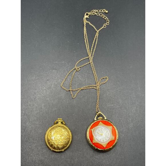 Vintage Lot of 2 Women's Pocket Watch Blossom Gold Tone Orange Enamel Face - Picture 1 of 8